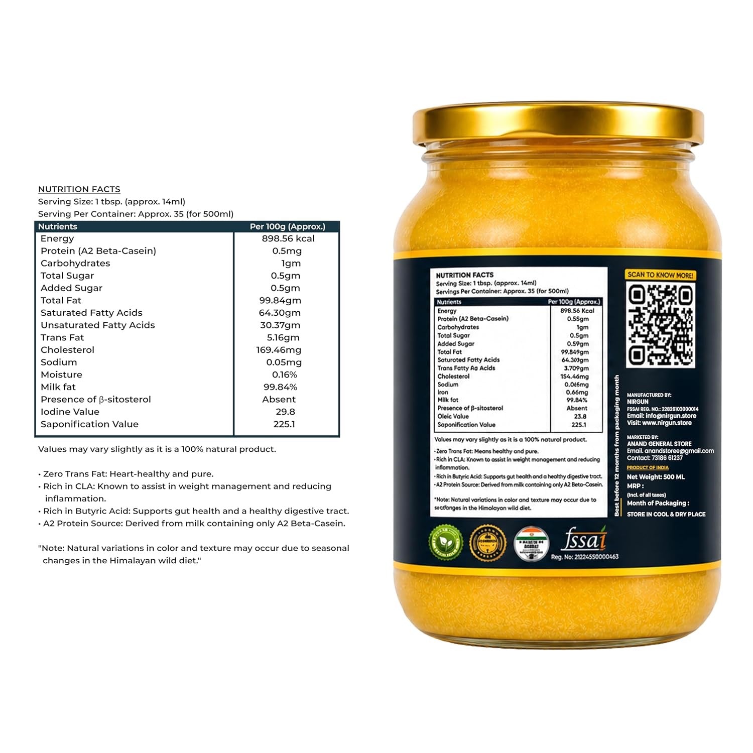 Nirgun Himalayan Ghee – Premium A2 Bilona Cow Ghee from Indigenous Himalayan Cattle | Traditional Vedic Bilona Method | 100% Pure, Natural & Aromatic | Golden Danedar Ghee | Grass-Fed | Lab Tested | Glass Jar