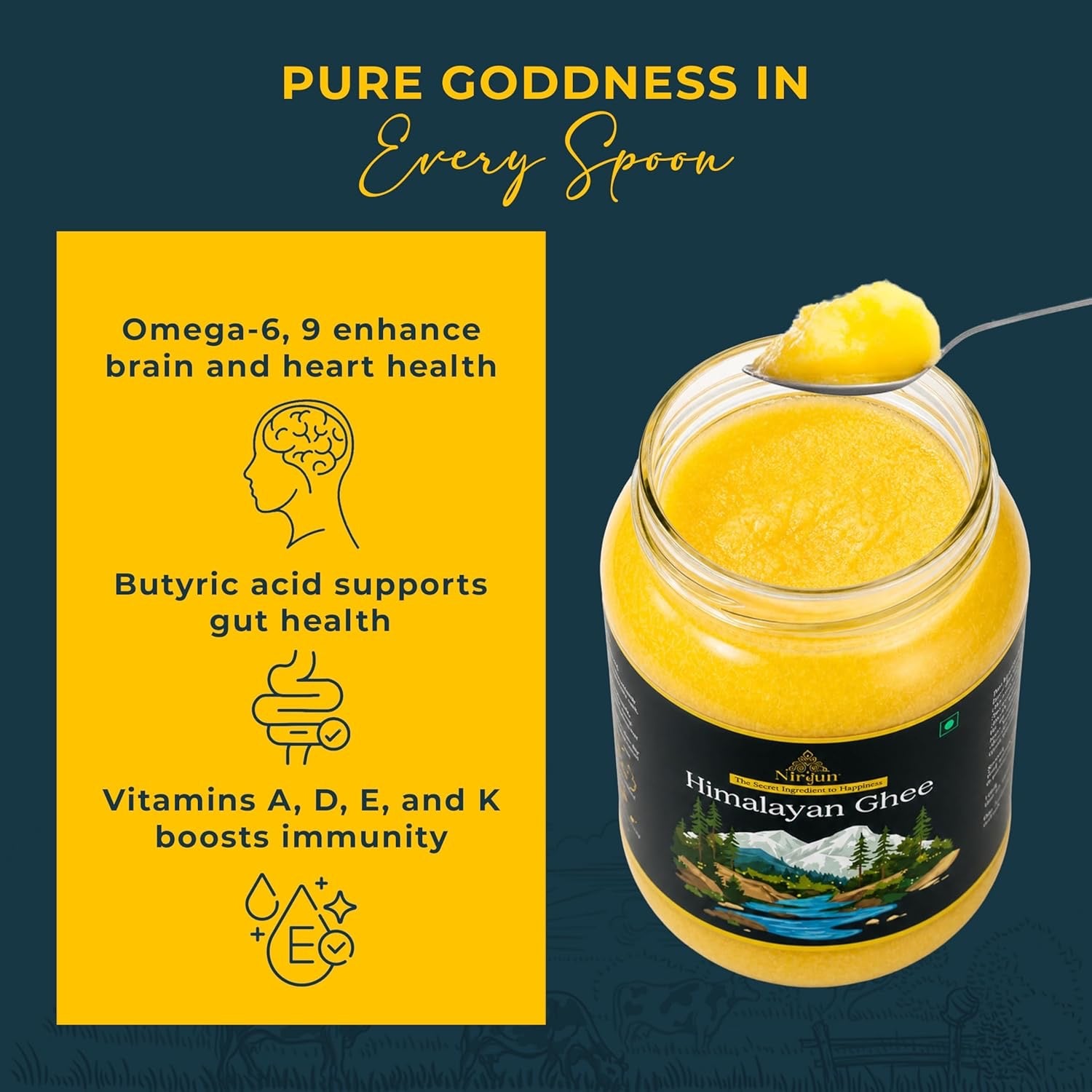 Nirgun Himalayan Ghee – Premium A2 Bilona Cow Ghee from Indigenous Himalayan Cattle | Traditional Vedic Bilona Method | 100% Pure, Natural & Aromatic | Golden Danedar Ghee | Grass-Fed | Lab Tested | Glass Jar