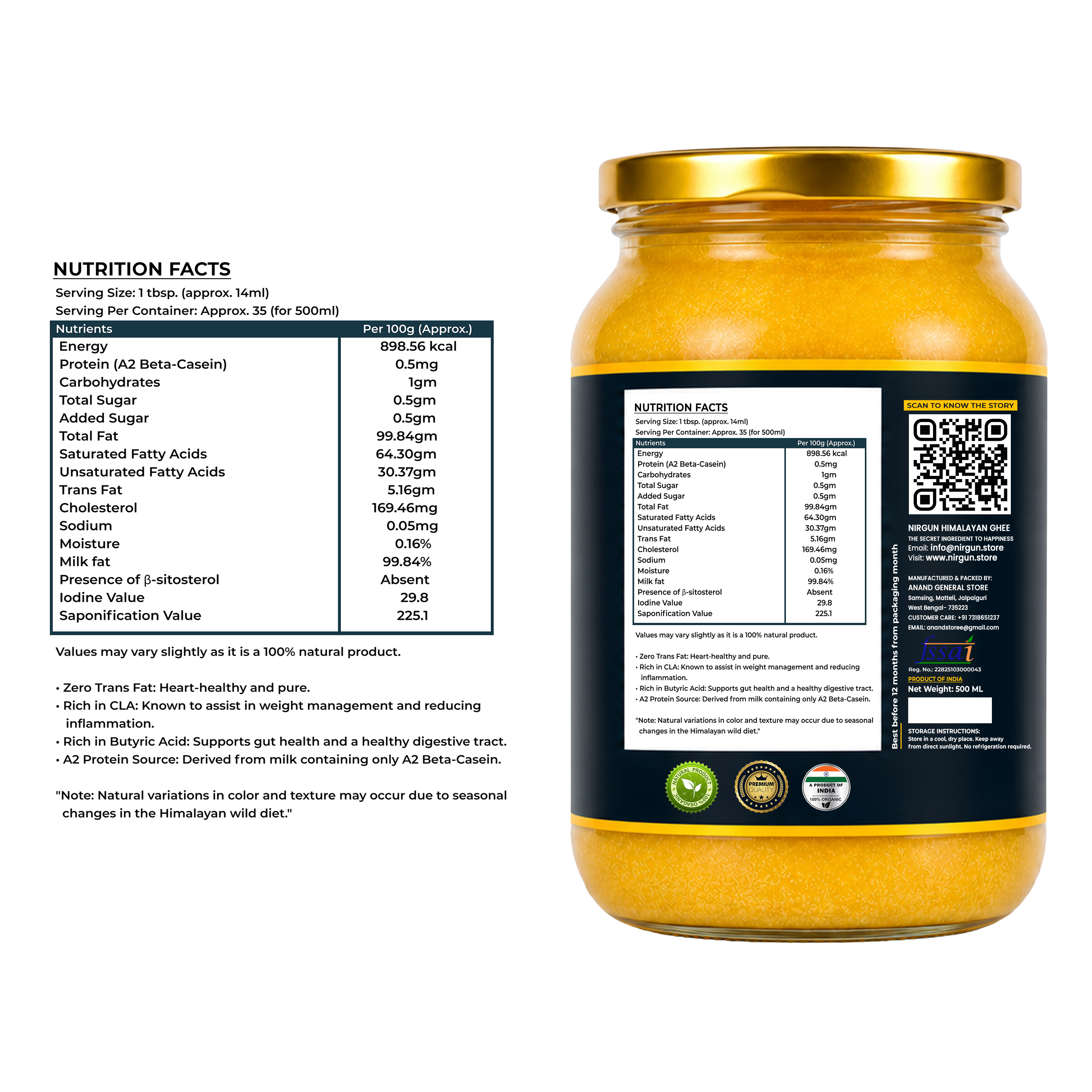 Nirgun Himalayan Ghee Nutrition Facts Label